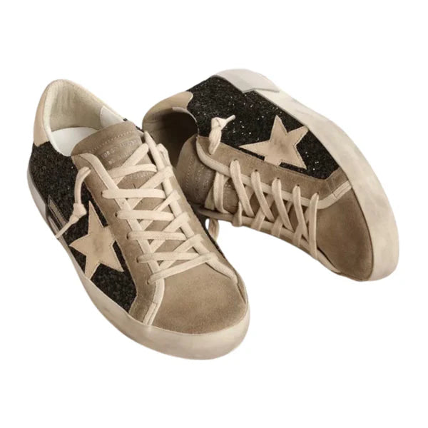 Golden Goose Super-Star in black glitter with cream star and suede inserts