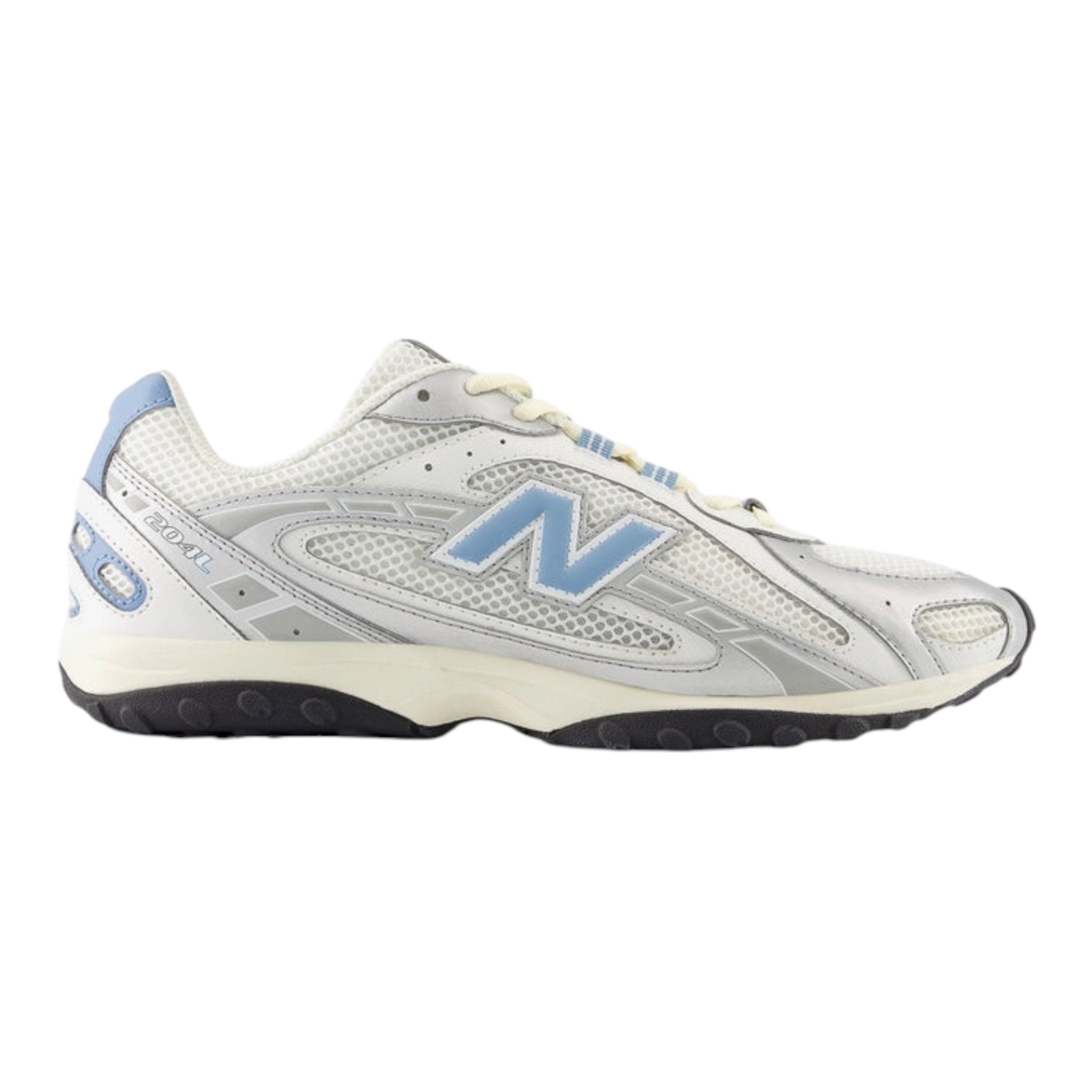 New Balance 204L sneakers in the "Silver Metallic/Still Water" (or "Ice Blue" or "Sky") colorway. 