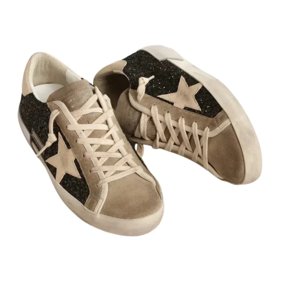 Golden Goose Super-Star in black glitter with cream star and suede inserts