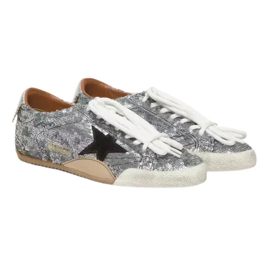 Golden Goose Women's True-Star in silver sequins with black star and silver leather heel tab