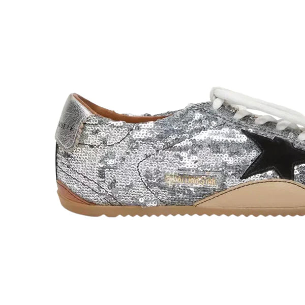 Golden Goose Women's True-Star in silver sequins with black star and silver leather heel tab