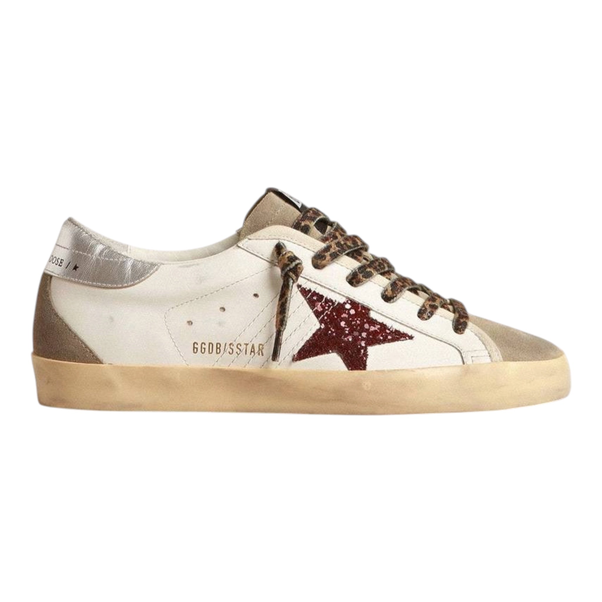 Golden Goose super-star with burgundy glitter star and silver heel tap