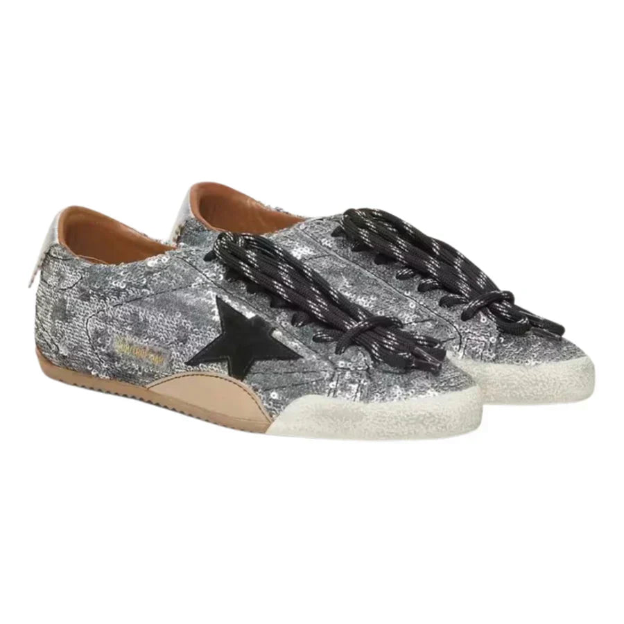Golden Goose Women's True-Star in silver sequins with black star and silver leather heel tab