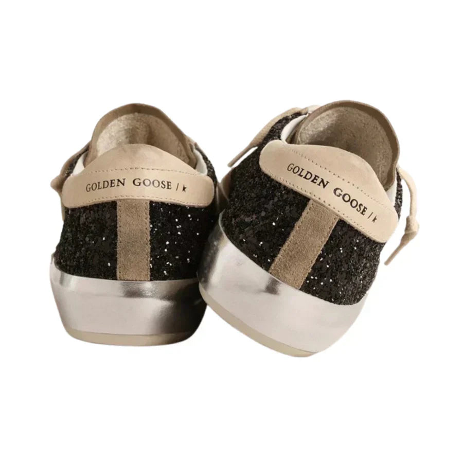 Golden Goose Super-Star in black glitter with cream star and suede inserts