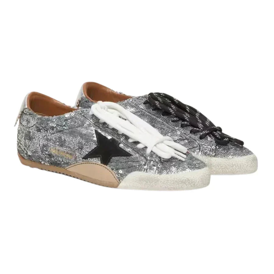 Golden Goose Women's True-Star in silver sequins with black star and silver leather heel tab