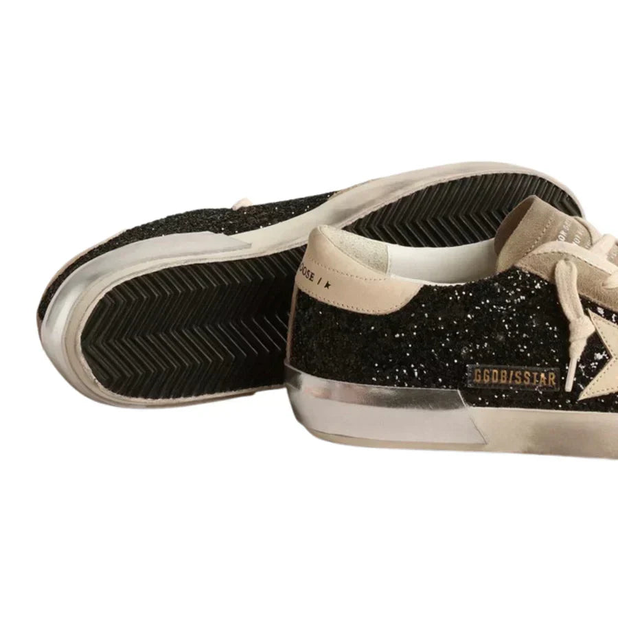 Golden Goose Super-Star in black glitter with cream star and suede inserts