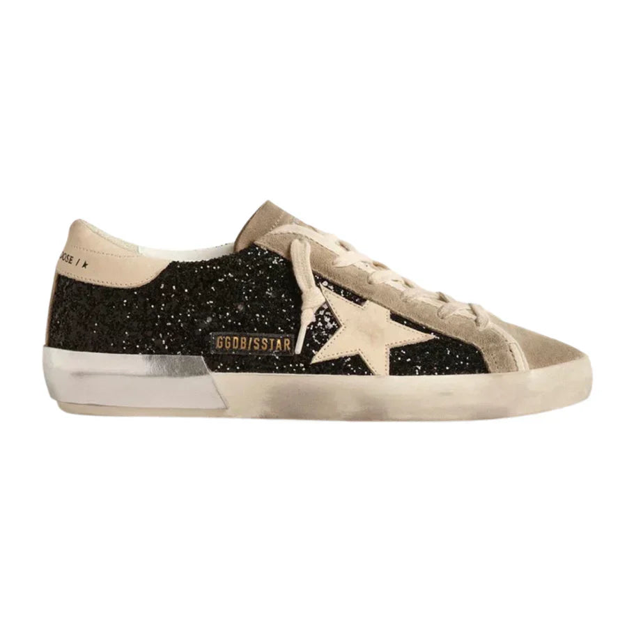 Golden Goose Super-Star in black glitter with cream star and suede inserts