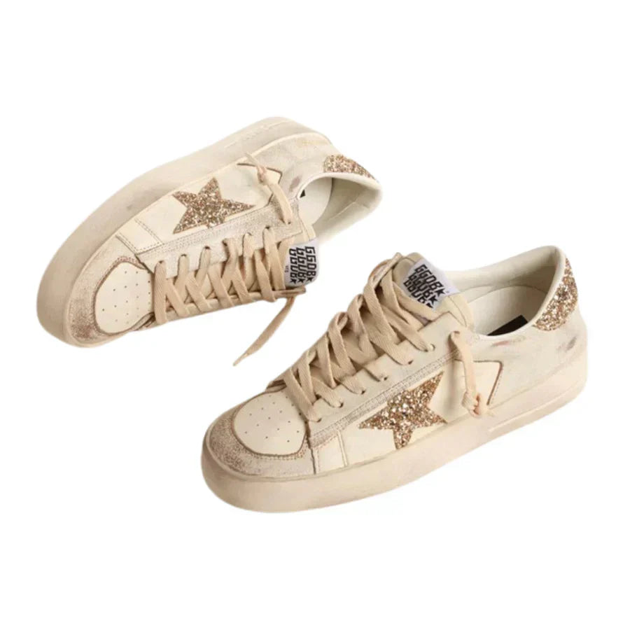 Golden Goose Women’s Stardan in ecru nappa leather with gold glitter star and heel tab