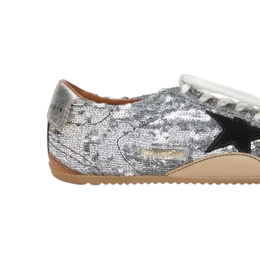 Golden Goose Women's True-Star in silver sequins with black star and silver leather heel tab