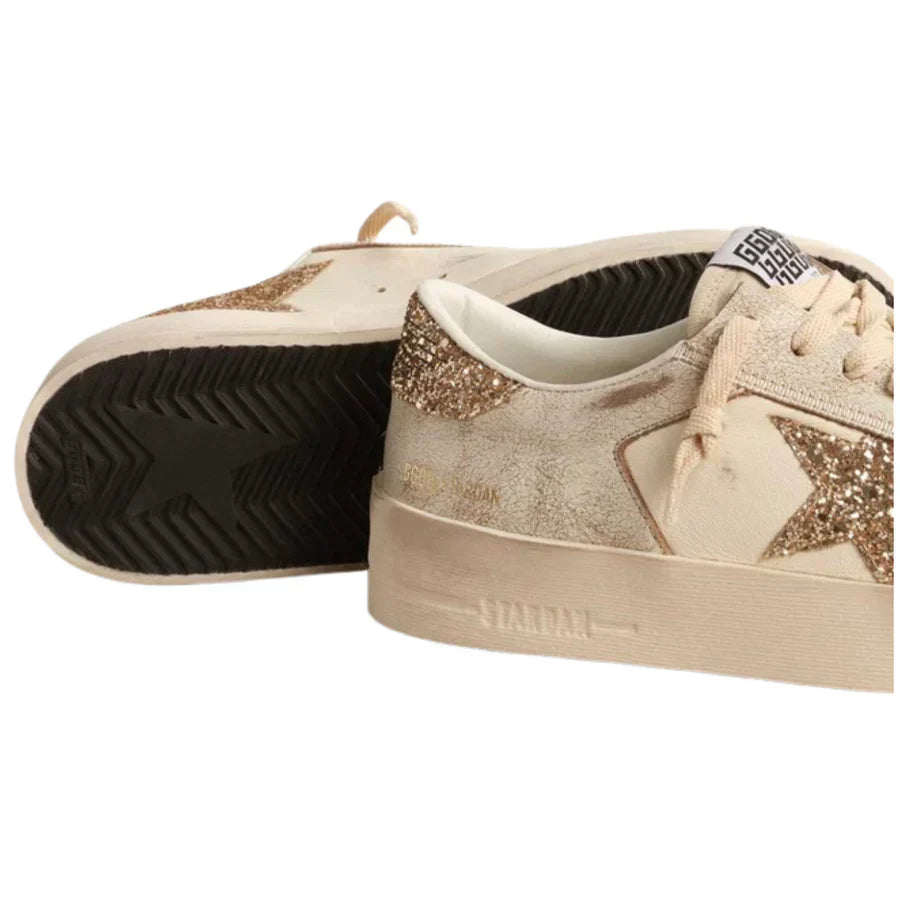 Golden Goose Women’s Stardan in ecru nappa leather with gold glitter star and heel tab
