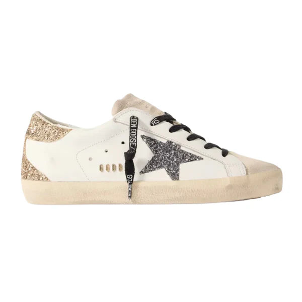 GOLDEN GOOSE Super-Star distressed suede-trimmed glittered leather sneakers