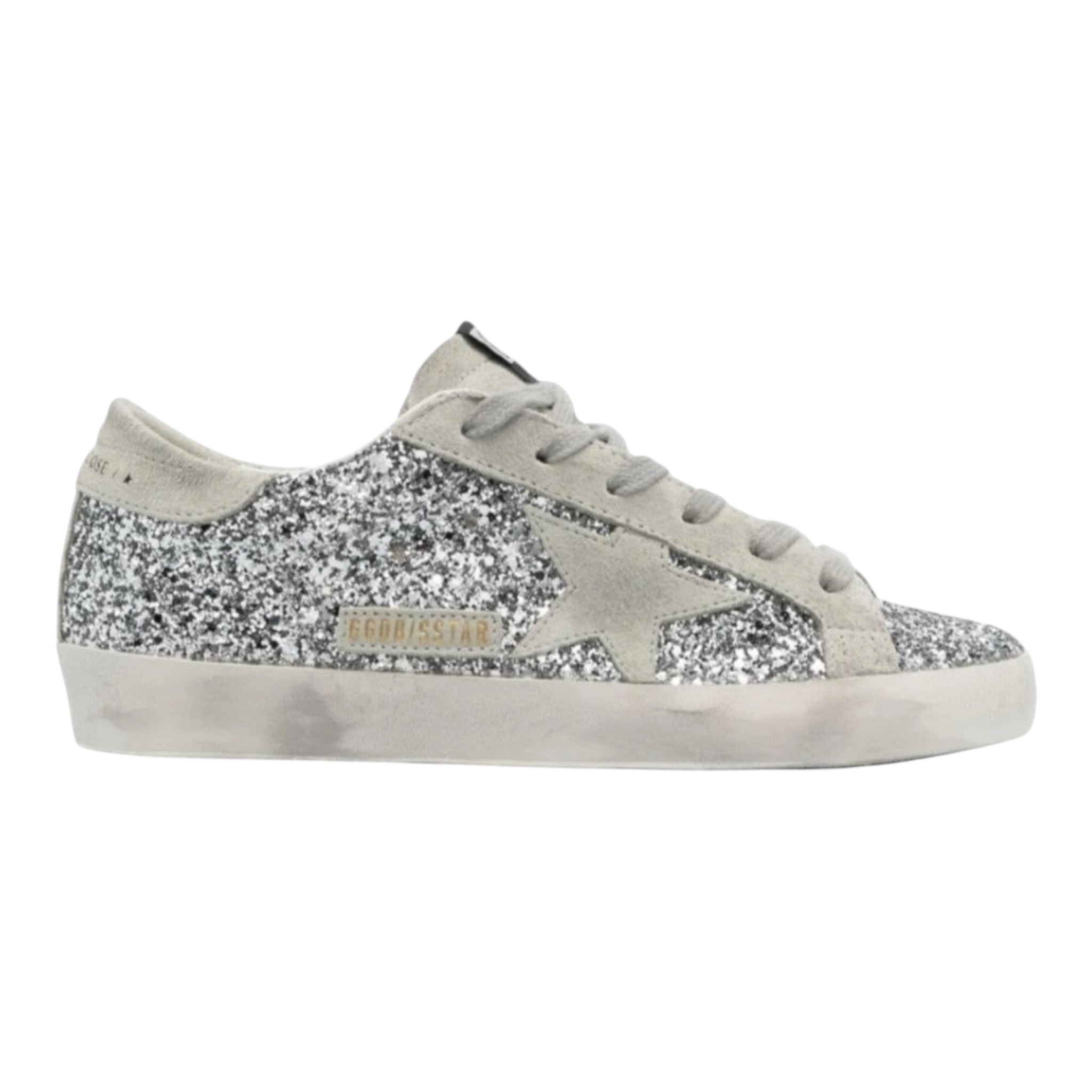 Golden Goose Women's Super-Star in silver glitter with ice-gray suede star