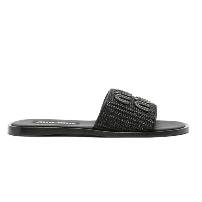 MIU MIU Raffia-effect woven fabric slides black